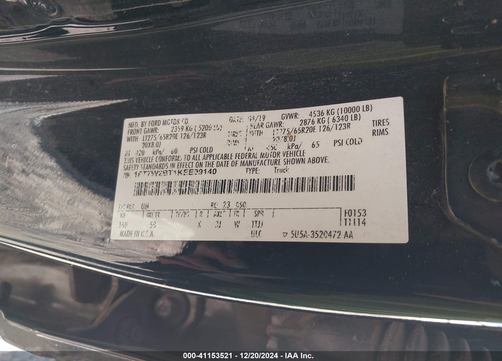 2019 FORD F250 VIN: 1FT7W2BT1KEE99140