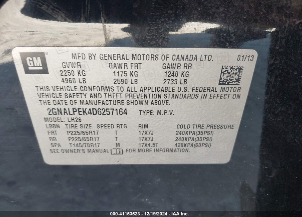 2013 CHEVROLET EQUINOX 2LT VIN: 2GNALPEK4D6257164
