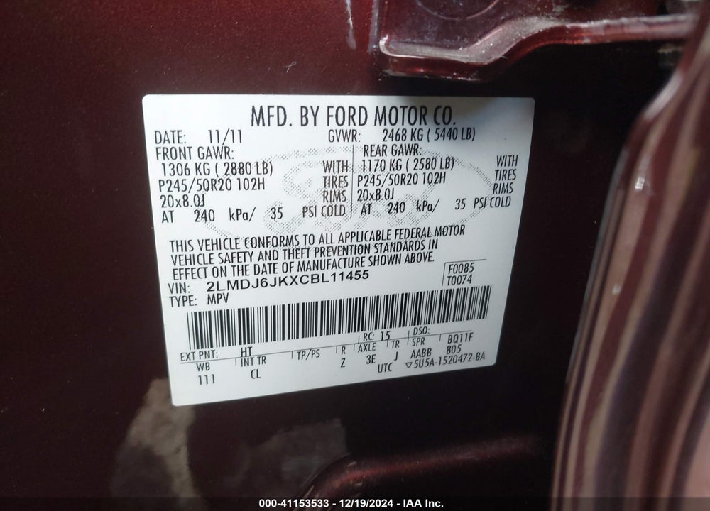 2012 LINCOLN MKX VIN: 2LMDJ6JKXCBL11455