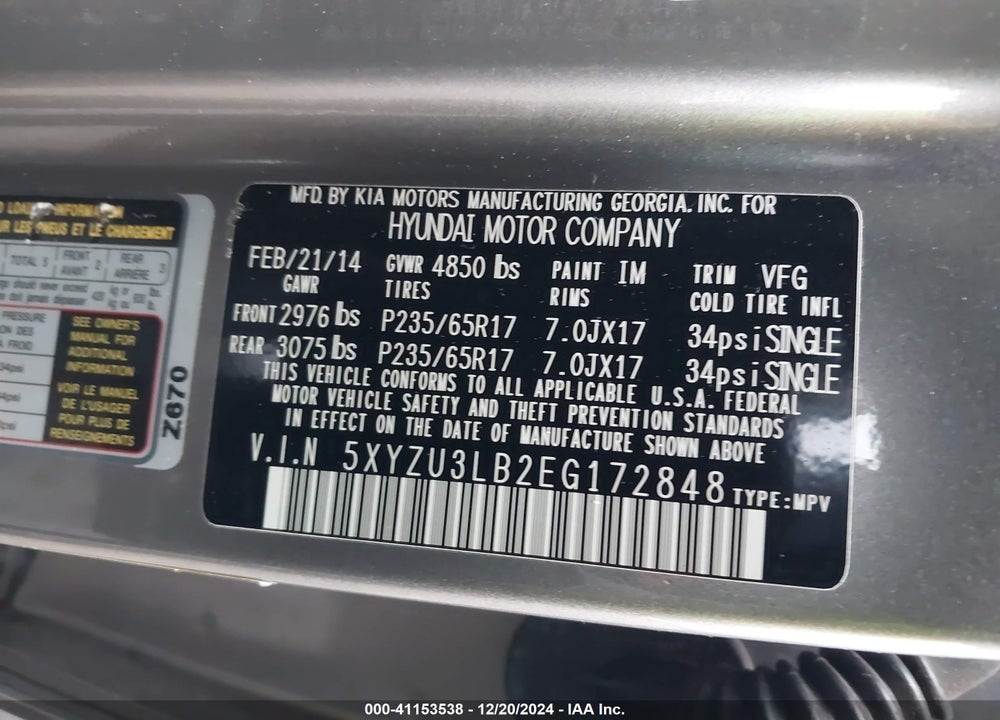 2014 HYUNDAI SANTA FE SPORT 2.4L VIN: 5XYZU3LB2EG172848