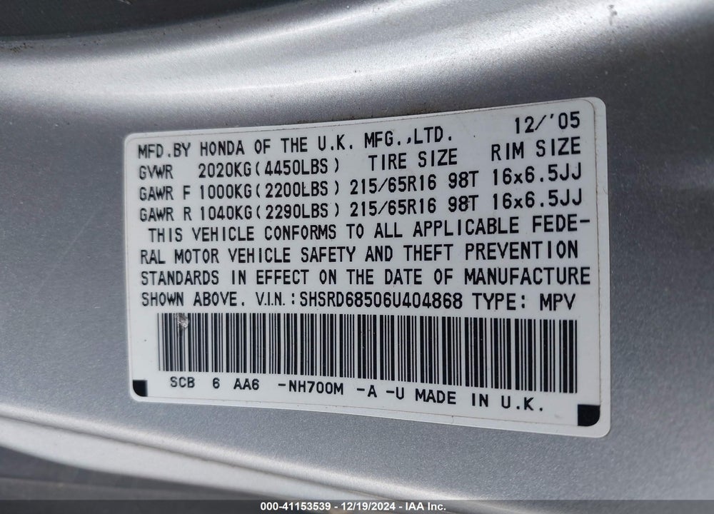 2006 HONDA CR-V LX VIN: SHSRD68506U404868