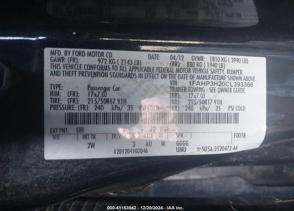2012 FORD FOCUS SEL VIN: 1FAHP3H20CL393366