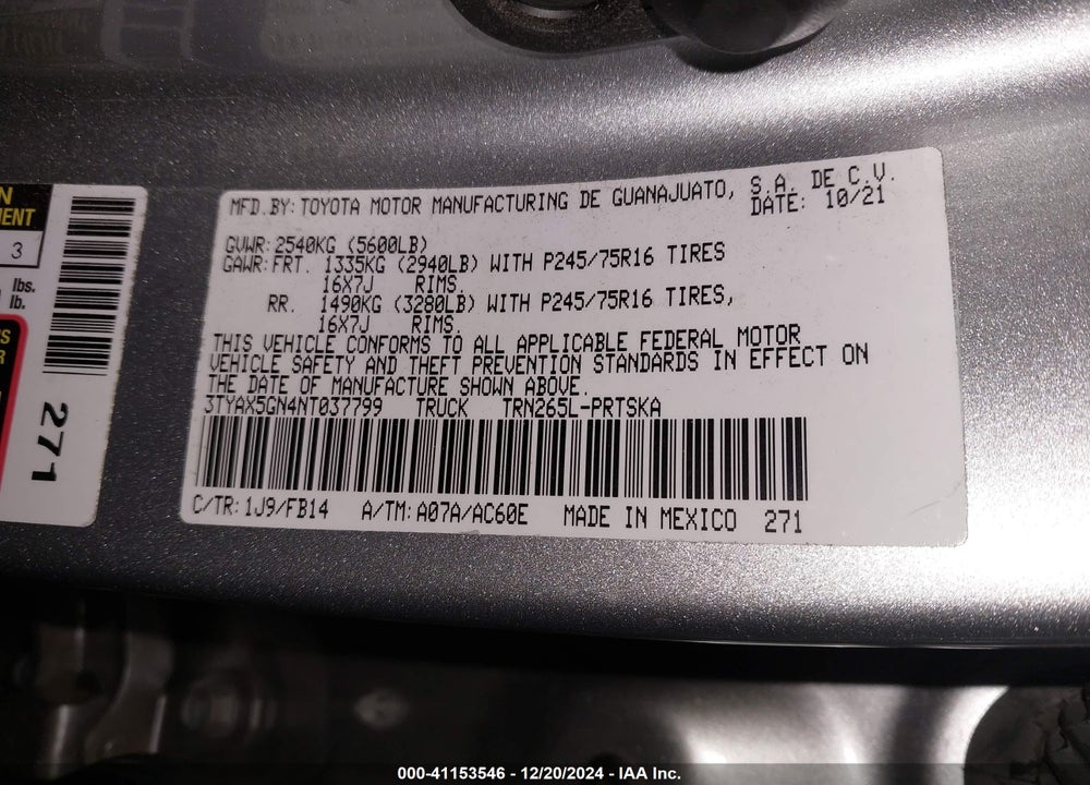 2022 TOYOTA TACOMA VIN: 3TYAX5GN4NT037799