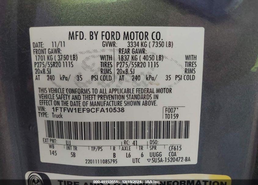 2012 FORD F-150 FX4 VIN: 1FTFW1EF9CFA10538