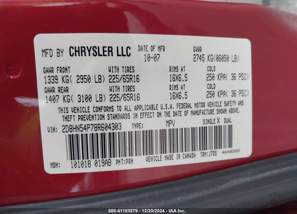 2008 DODGE GRAND CARAVAN SXT VIN: 2D8HN54P78R604303