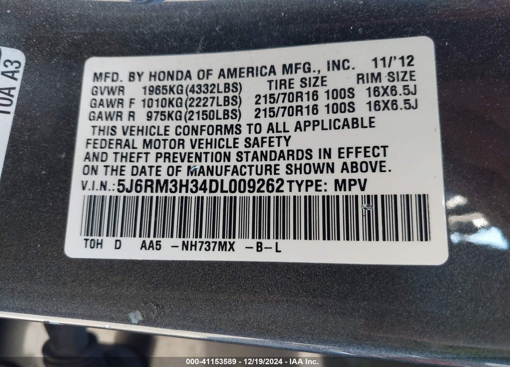 2013 HONDA CR-V LX VIN: 5J6RM3H34DL009262
