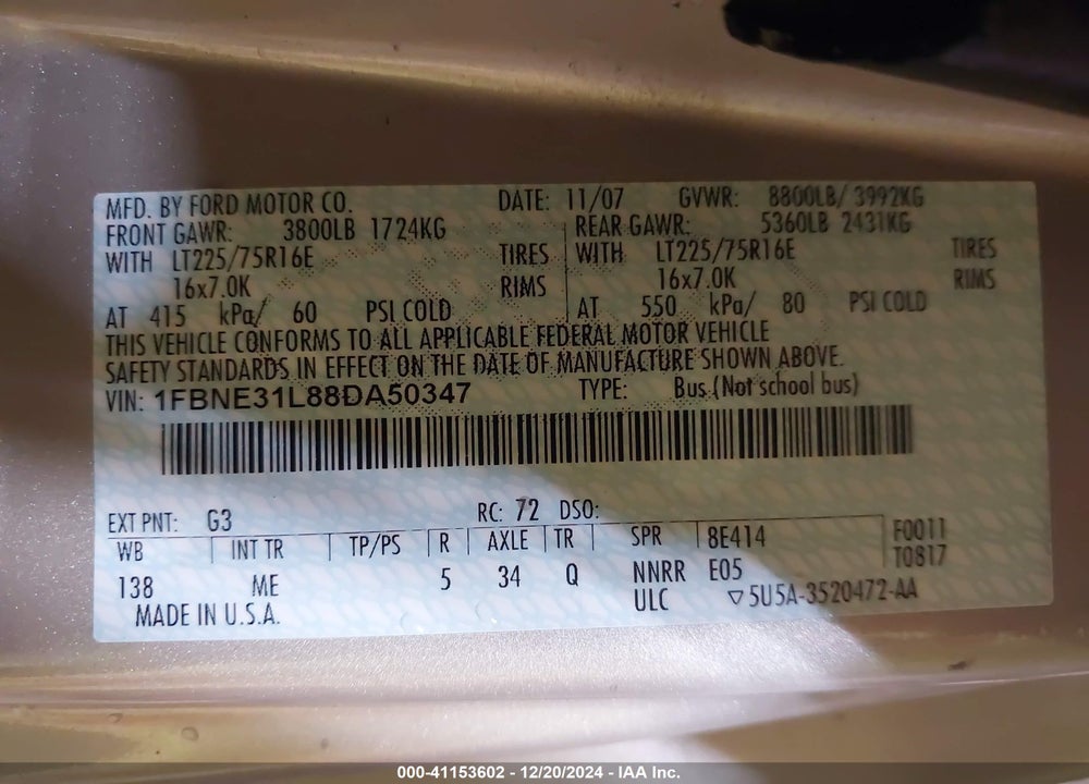 2008 FORD E-350 SUPER DUTY XL/XLT VIN: 1FBNE31L88DA50347