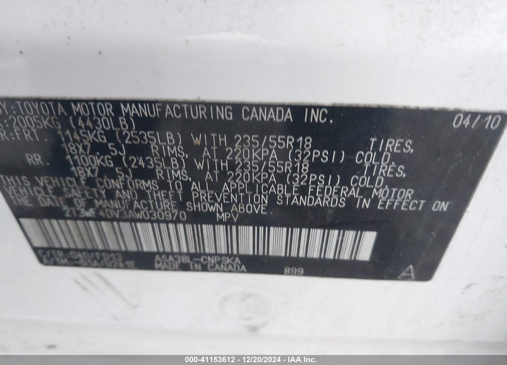 2010 TOYOTA RAV4 SPORT VIN: 2T3WF4DV3AW030970