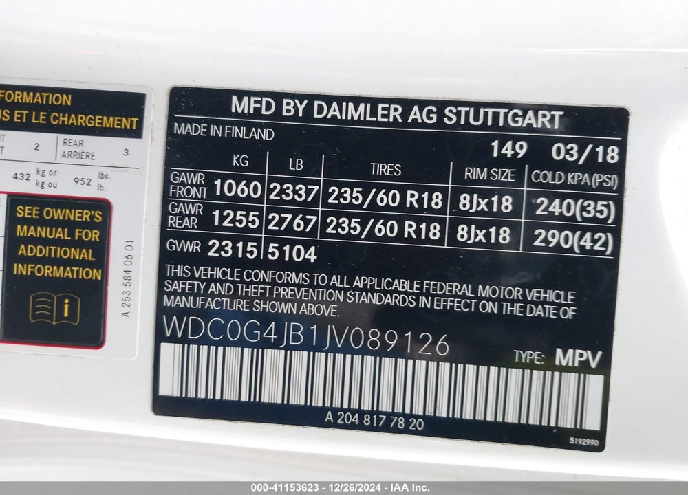 2018 MERCEDES-BENZ GLC 300 VIN: WDC0G4JB1JV089126