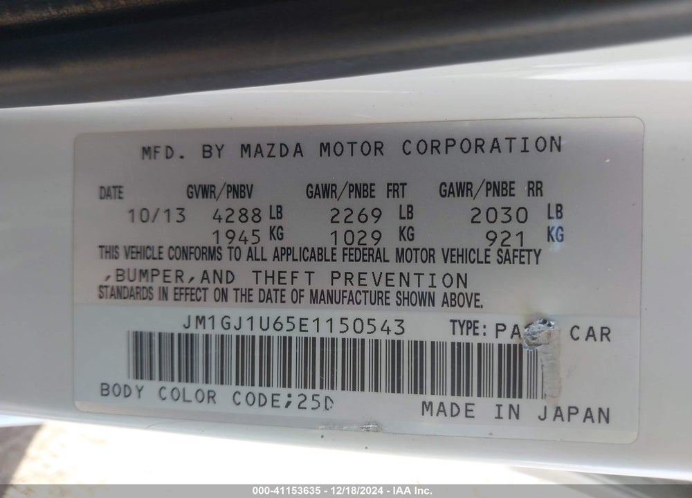 2014 MAZDA 6 I SPORT VIN: JM1GJ1U65E1150543