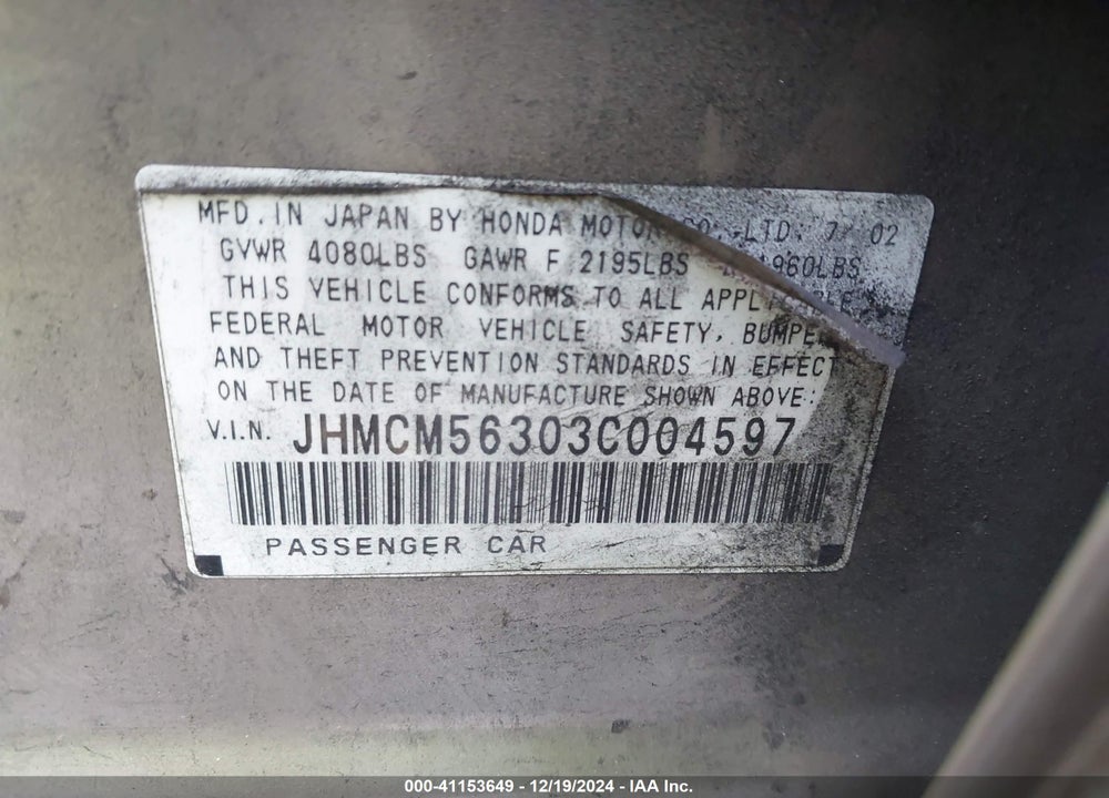 2003 HONDA ACCORD 2.4 LX VIN: JHMCM56303C004597