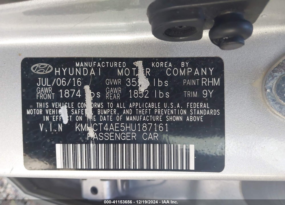 2017 HYUNDAI ACCENT SE VIN: KMHCT4AE5HU187161