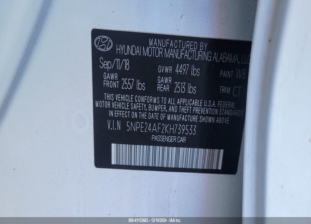 2019 HYUNDAI SONATA SE VIN: 5NPE24AF2KH739533