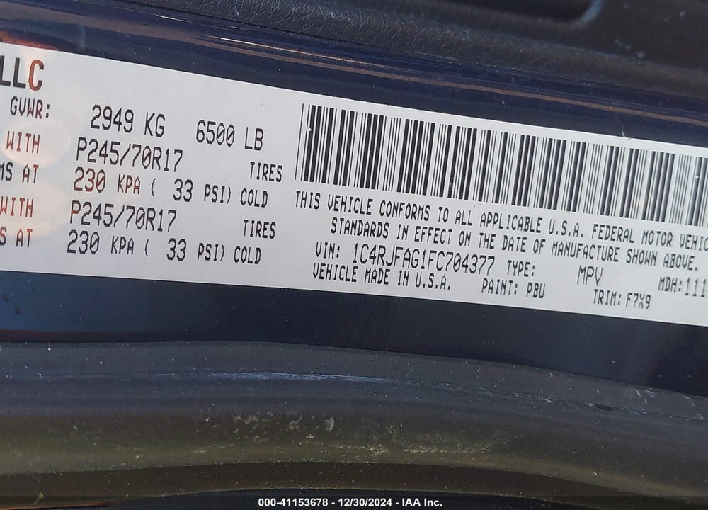 2015 JEEP GRAND CHEROKEE LAREDO VIN: 1C4RJFAG1FC704377