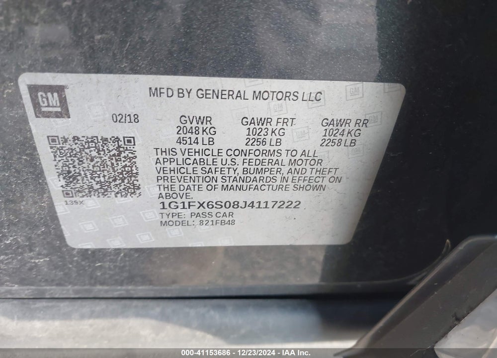 2018 CHEVROLET BOLT EV PREMIER VIN: 1G1FX6S08J4117222