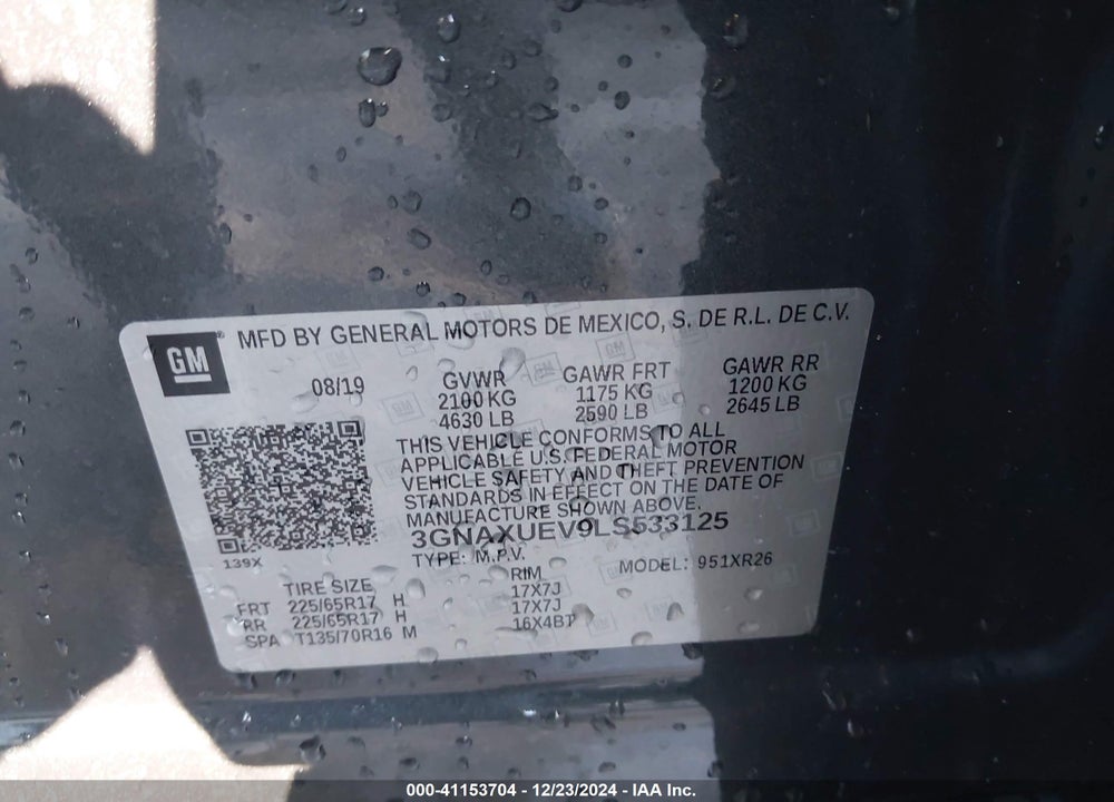 2020 CHEVROLET EQUINOX AWD LT 1.5L TURBO VIN: 3GNAXUEV9LS533125