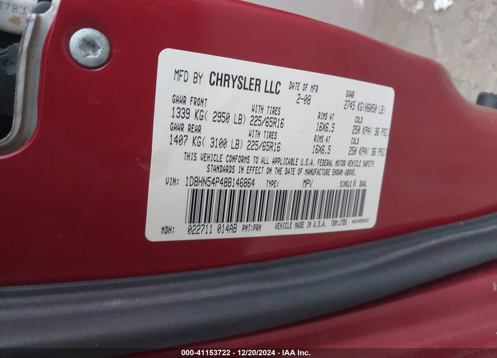 2008 DODGE GRAND CARAVAN SXT VIN: 1D8HN54P48B146864