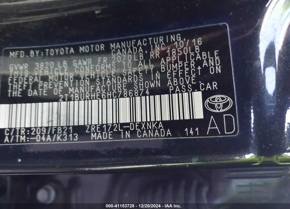 2017 TOYOTA COROLLA VIN: 2T1BURHE6HC786874
