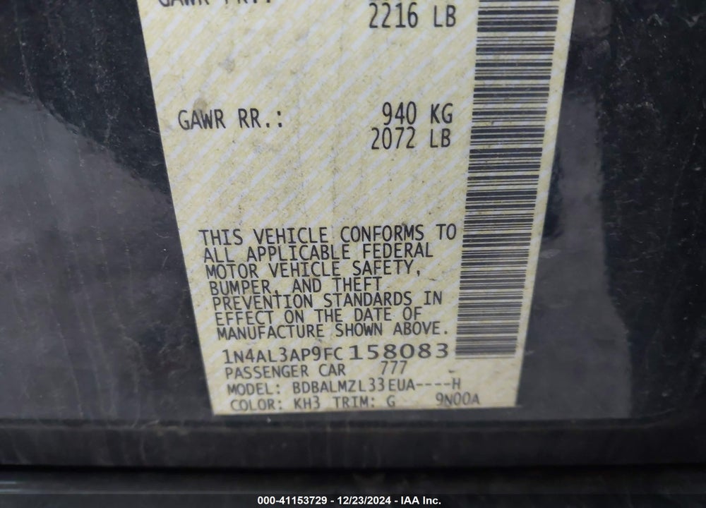 2015 NISSAN ALTIMA 2.5 SV VIN: 1N4AL3AP9FC158083