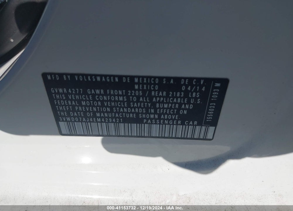 2014 VOLKSWAGEN JETTA 1.8T SE VIN: 3VWD07AJ4EM429421