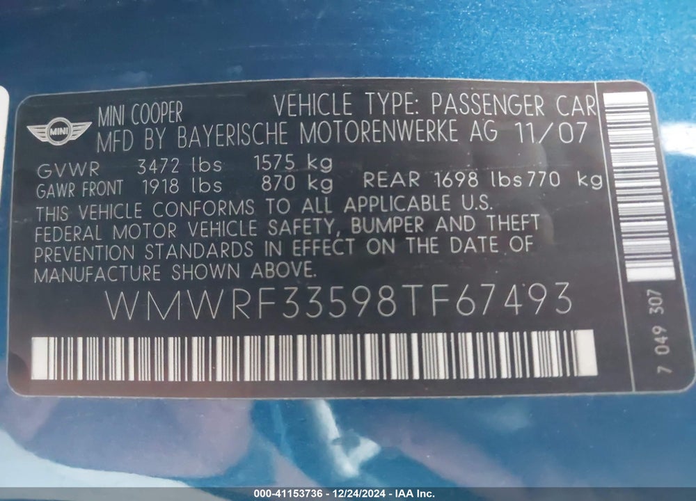 2008 MINI COOPER VIN: WMWRF33598TF67493