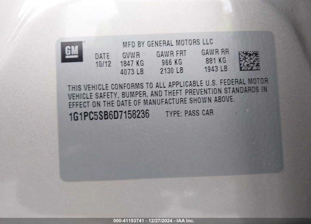 2013 CHEVROLET CRUZE 1LT AUTO VIN: 1G1PC5SB6D7158236