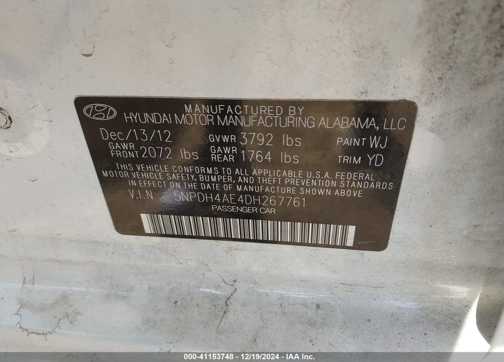 2013 HYUNDAI ELANTRA VIN: 5NPDH4AE4DH267761
