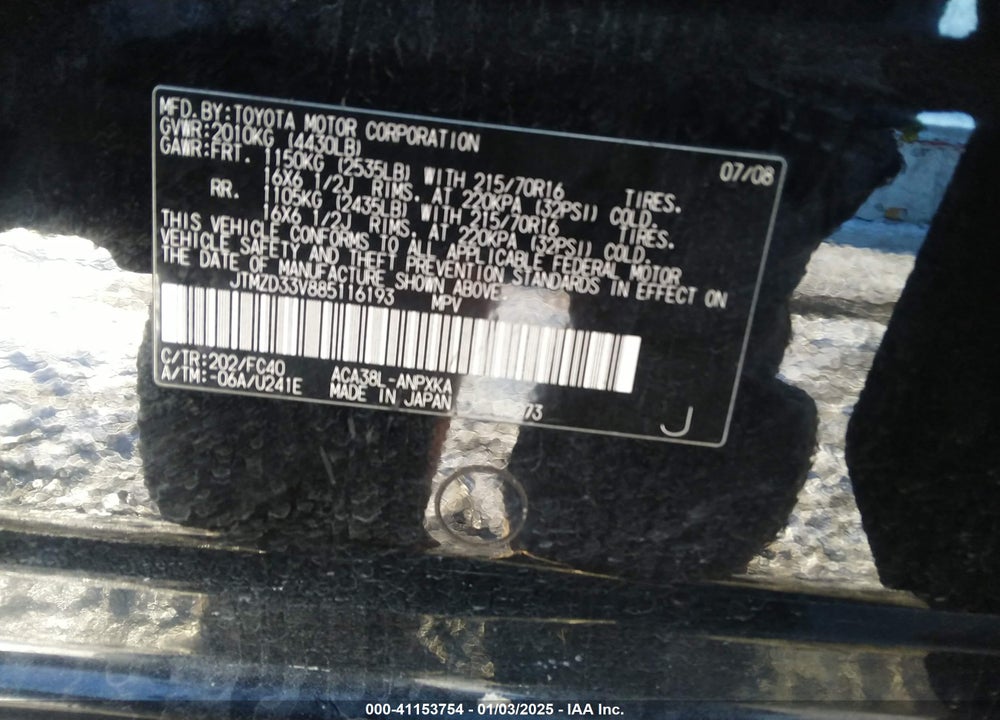 2008 TOYOTA RAV4 VIN: JTMZD33V885116193