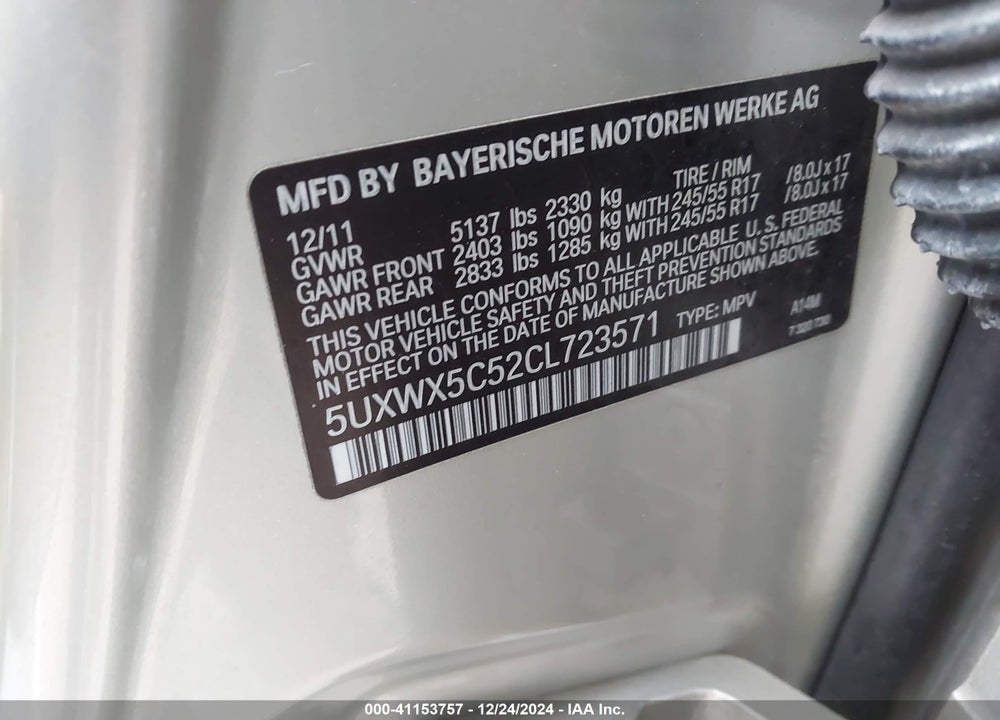 2012 BMW X3 XDRIVE28I VIN: 5UXWX5C52CL723571