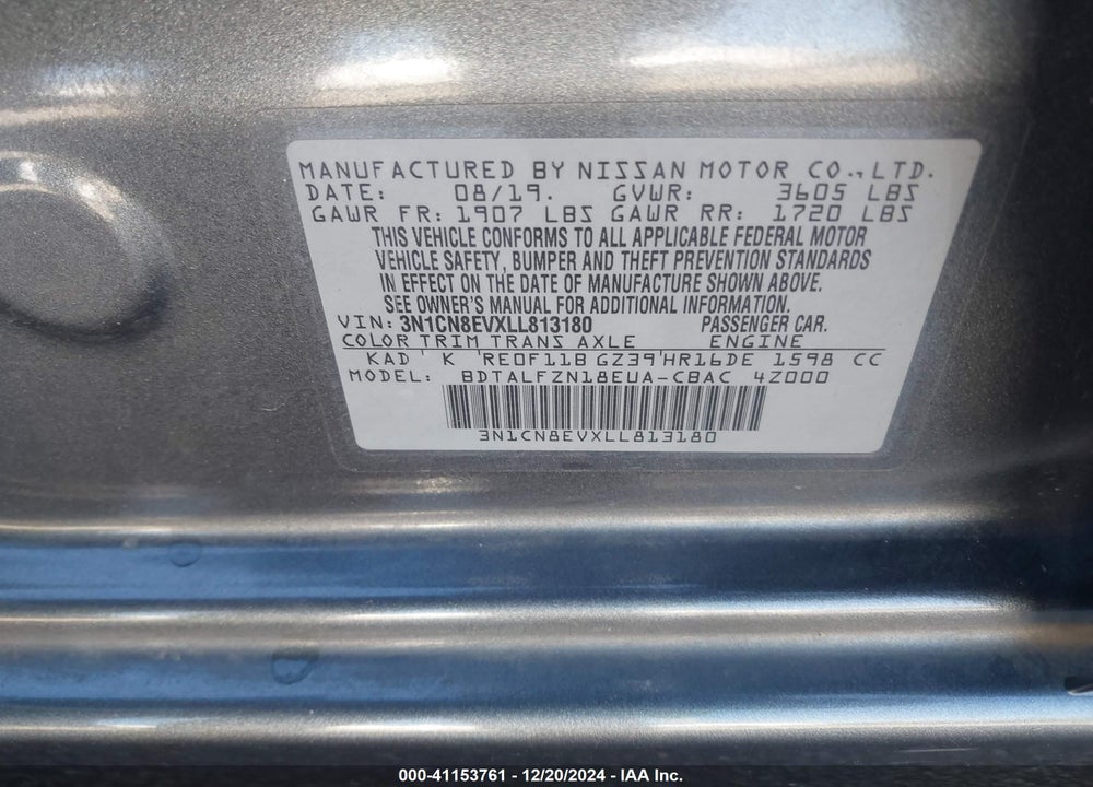 2020 NISSAN VERSA SV XTRONIC CVT VIN: 3N1CN8EVXLL813180