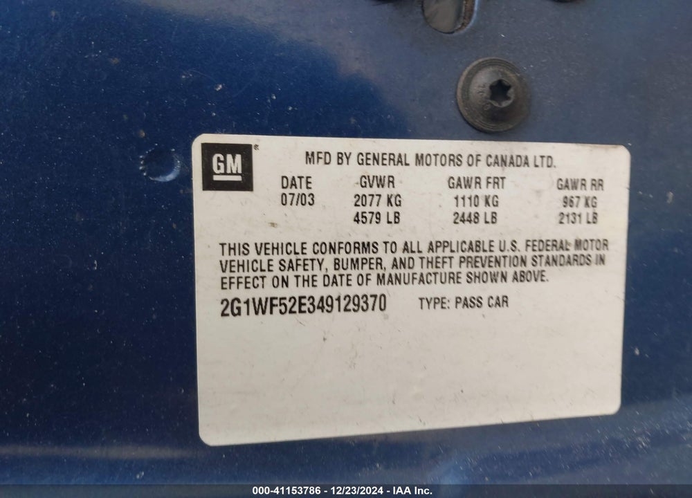 2004 CHEVROLET IMPALA VIN: 2G1WF52E349129370