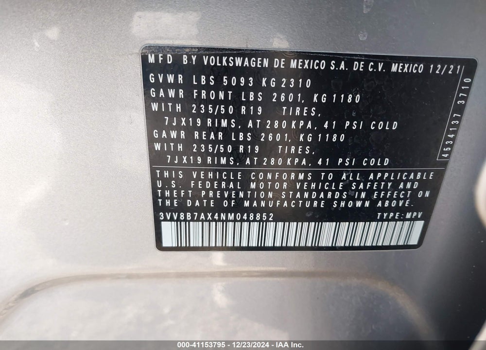 2022 VOLKSWAGEN TIGUAN 2.0T SE R-LINE BLACK VIN: 3VV8B7AX4NM048852