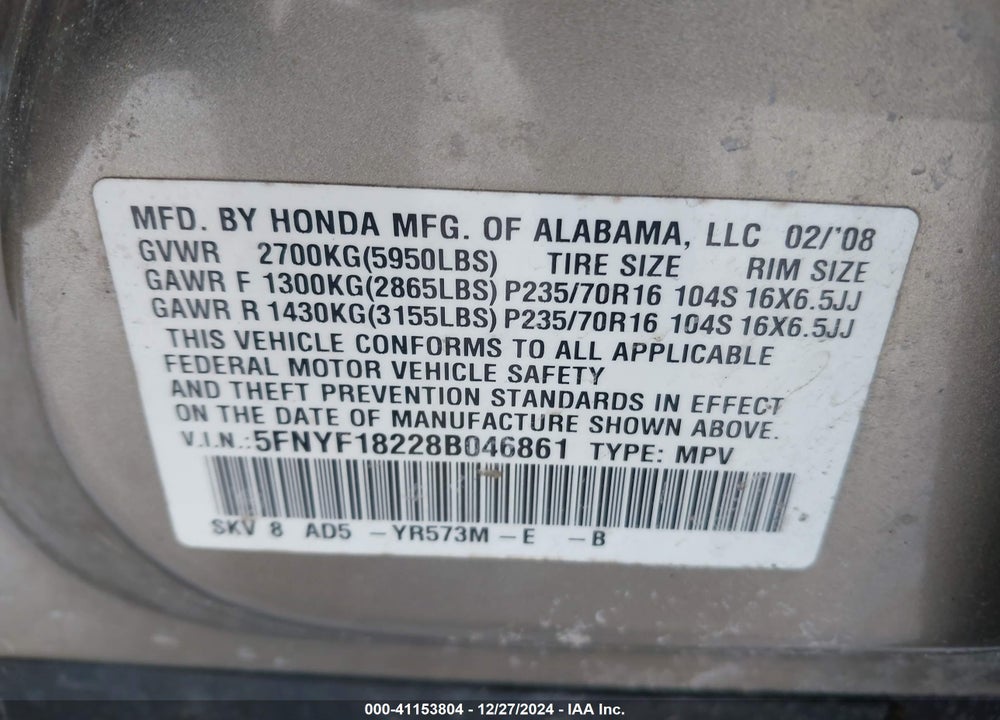 2008 HONDA PILOT VP VIN: 5FNYF18228B046861