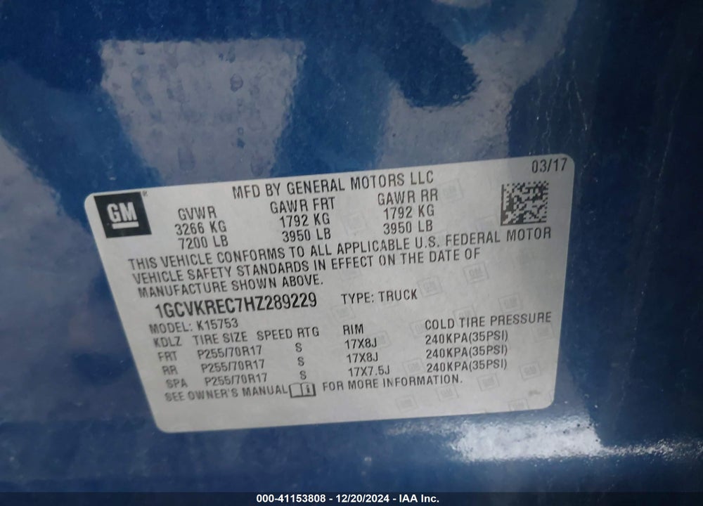 2017 CHEVROLET SILVERADO 1500 1LT VIN: 1GCVKREC7HZ289229