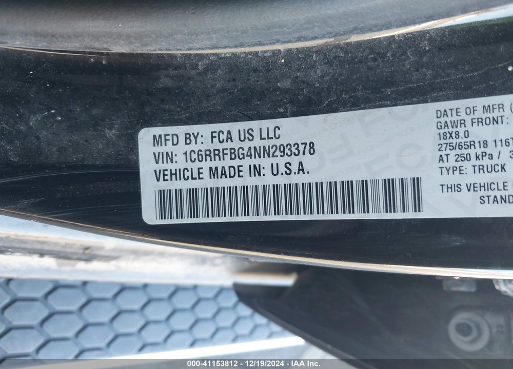 2022 RAM 1500 BIG HORN 4X4 6'4 BOX VIN: 1C6RRFBG4NN293378