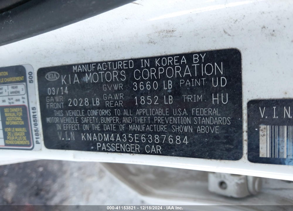 2014 KIA RIO VIN: KNADM4A35E6387684