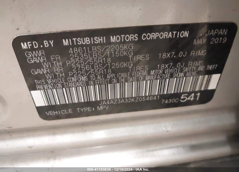 2019 MITSUBISHI OUTLANDER SEL VIN: JA4AZ3A32KZ054641
