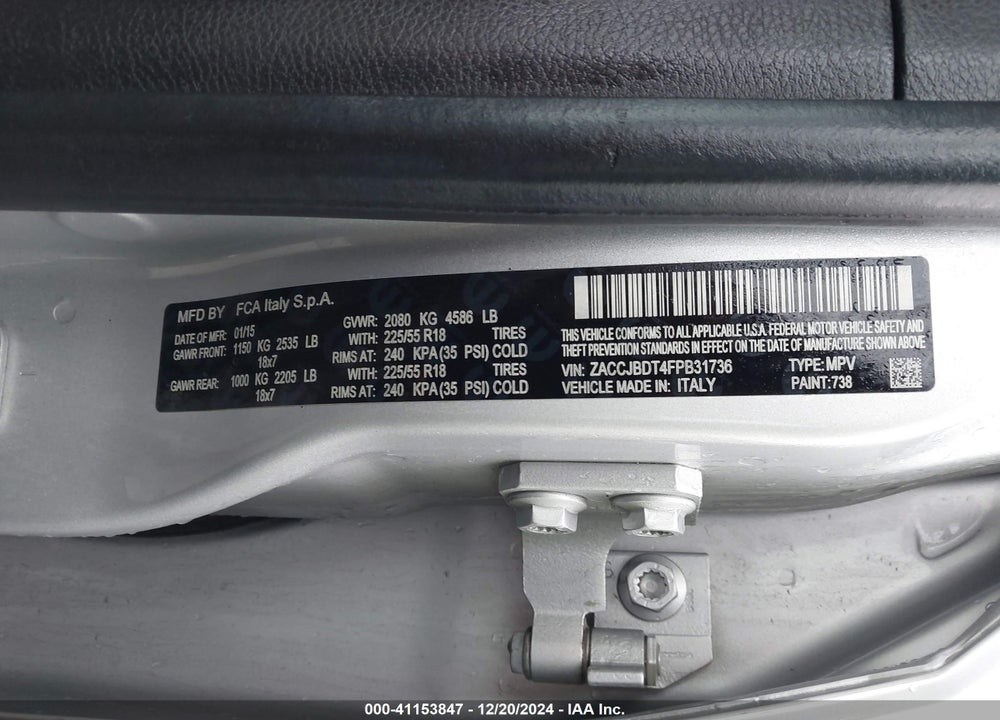2015 JEEP RENEGADE LIMITED VIN: ZACCJBDT4FPB31736