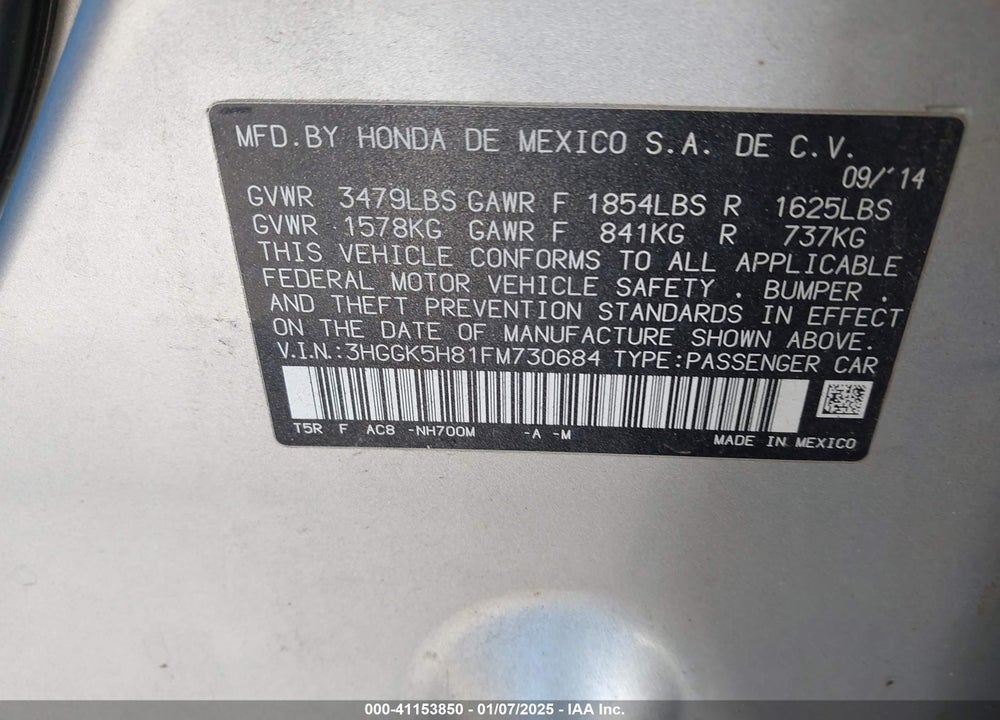 2015 HONDA FIT VIN: 3HGGK5H81FM730684