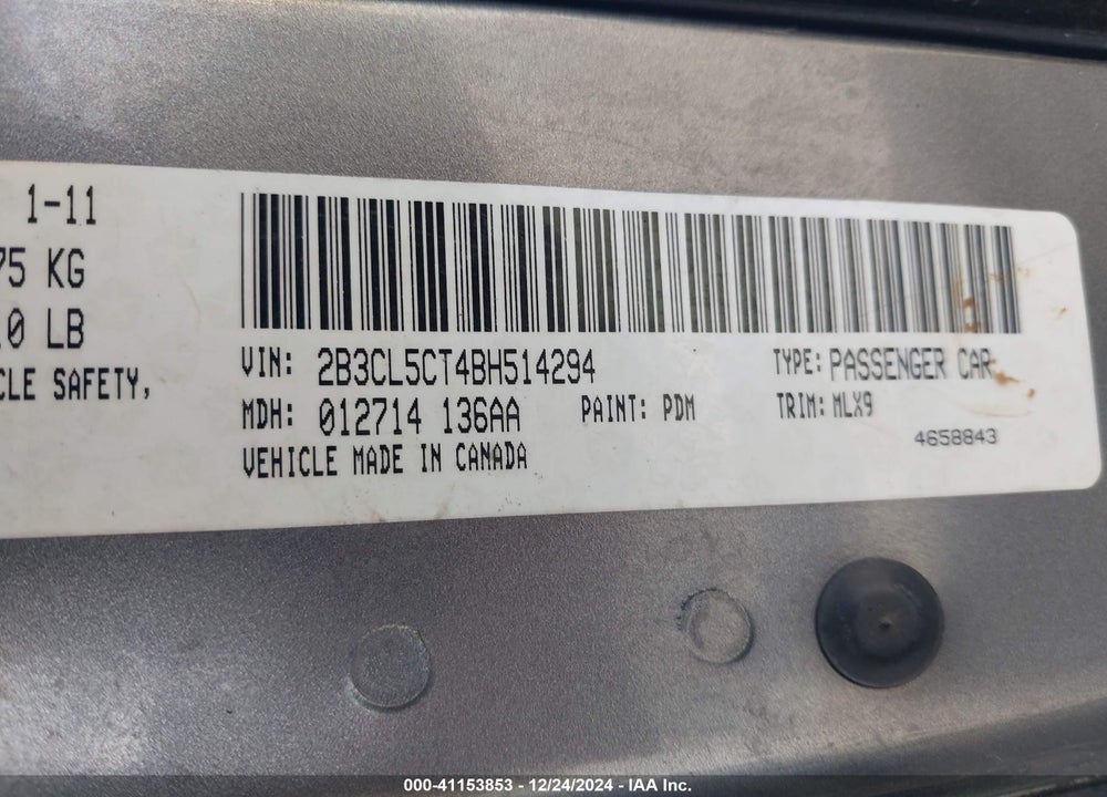 2011 DODGE CHARGER VIN: 2B3CL5CT4BH514294