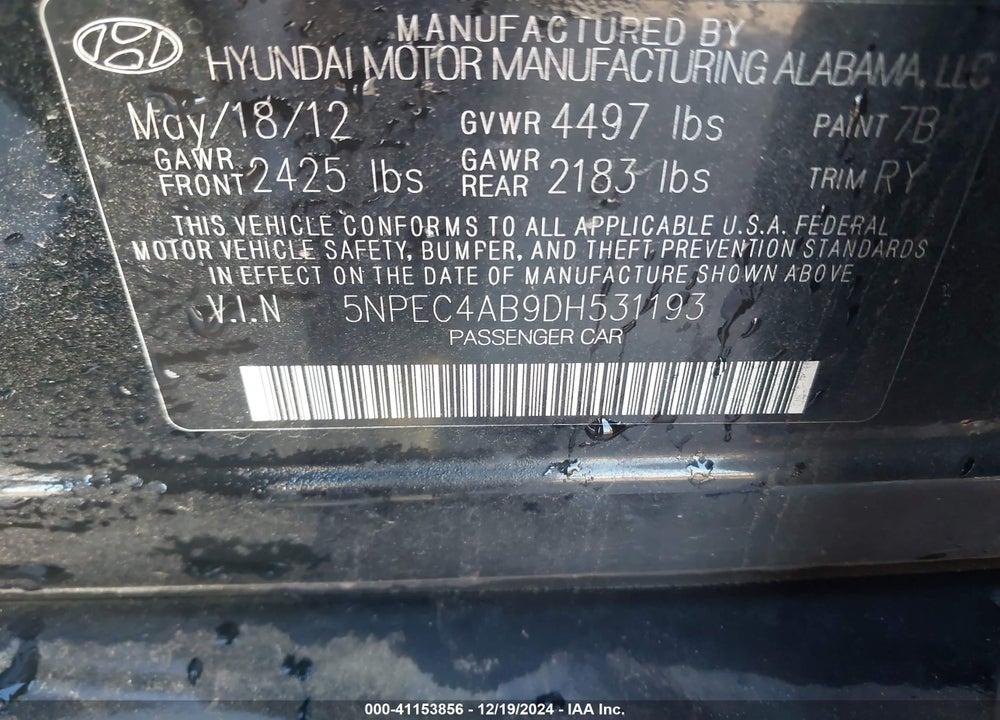 2013 HYUNDAI SONATA SE 2.0T VIN: 5NPEC4AB9DH531193