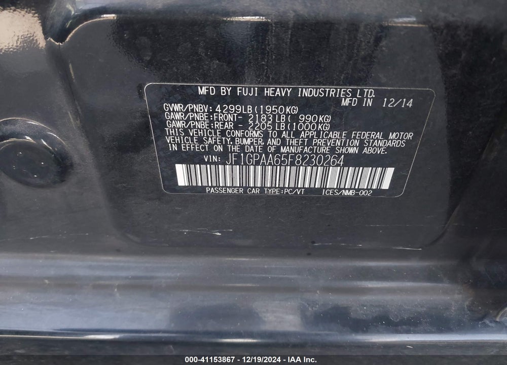 2015 SUBARU IMPREZA 2.0I VIN: JF1GPAA65F8230264