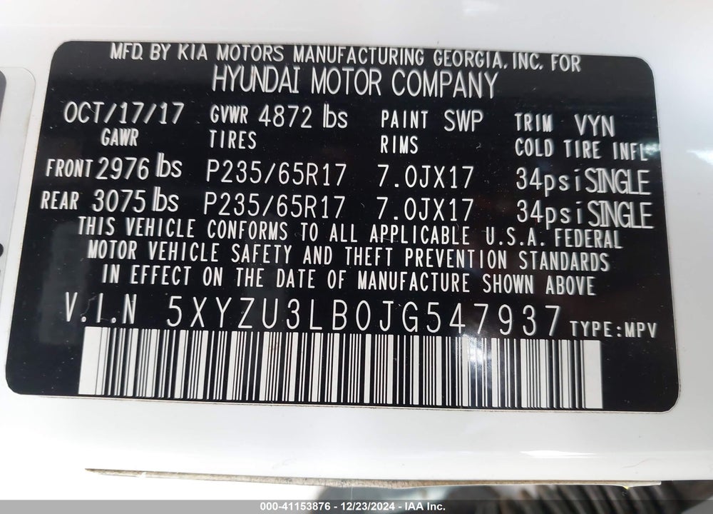 2018 HYUNDAI SANTA FE SPORT 2.4L VIN: 5XYZU3LB0JG547937