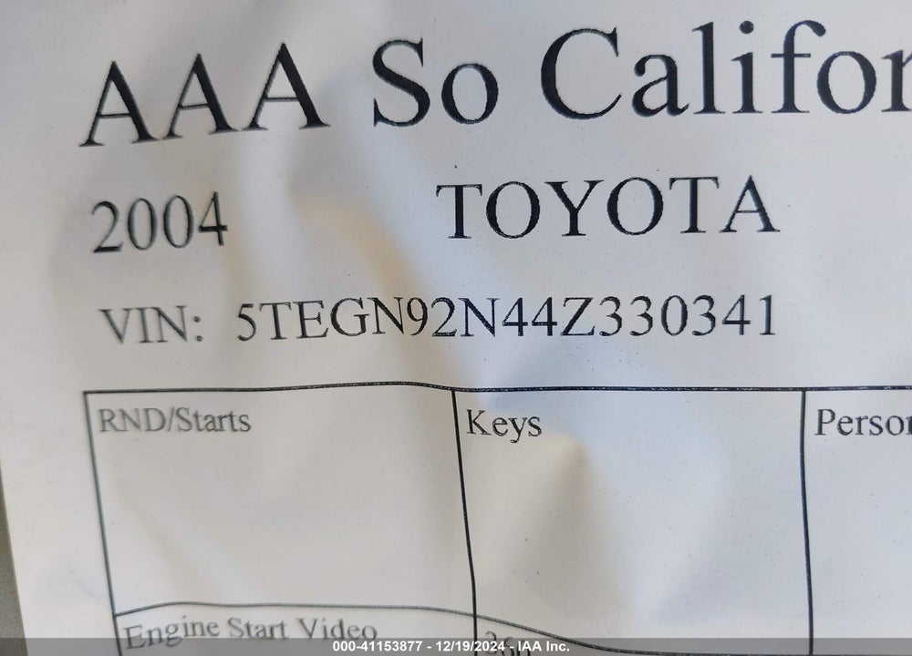 2004 TOYOTA TACOMA PRERUNNER V6 VIN: 5TEGN92N44Z330341