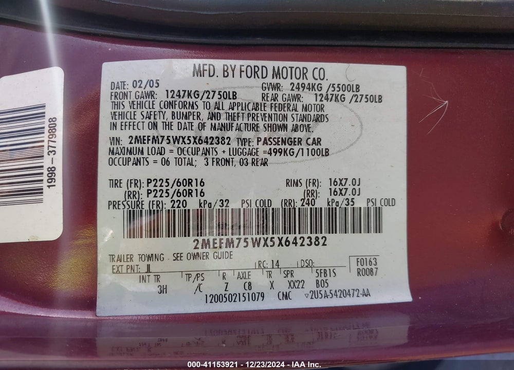 2005 MERCURY GRAND MARQUIS LS/LSE VIN: 2MEFM75WX5X642382