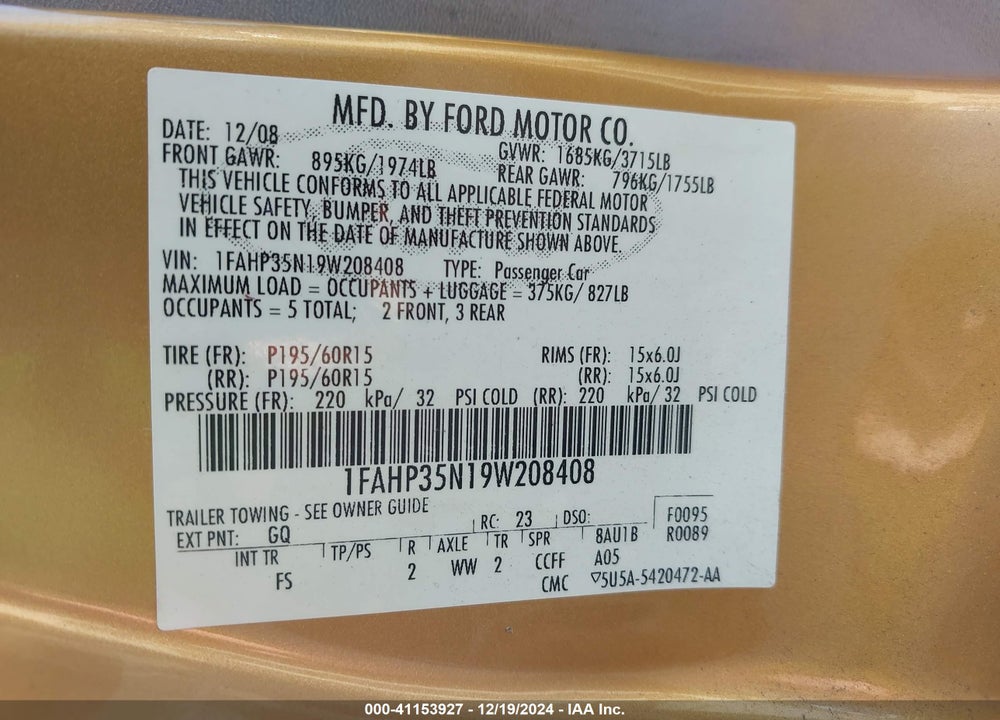 2009 FORD FOCUS VIN: 1FAHP35N19W208408