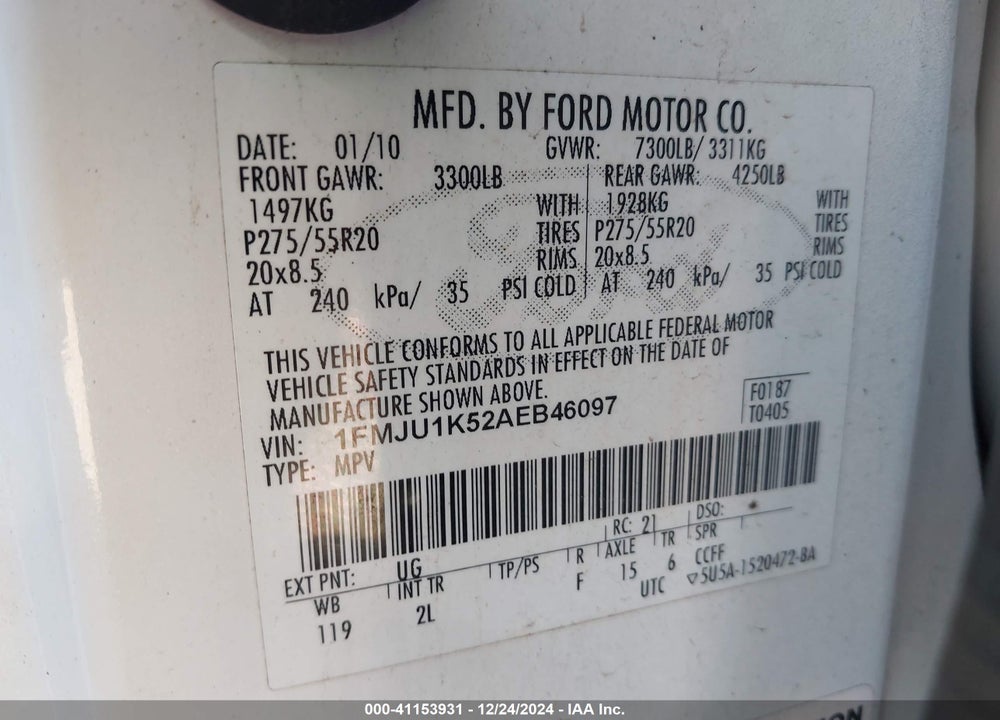 2010 FORD EXPEDITION LIMITED VIN: 1FMJU1K52AEB46097