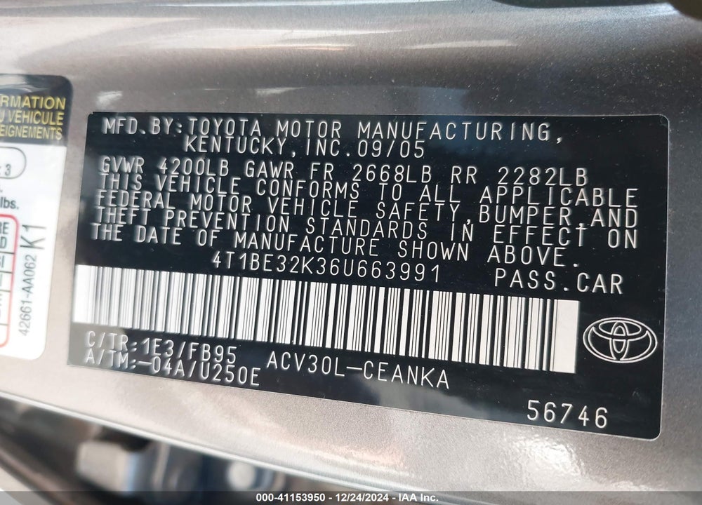 2006 TOYOTA CAMRY STD/ VIN: 4T1BE32K36U663991