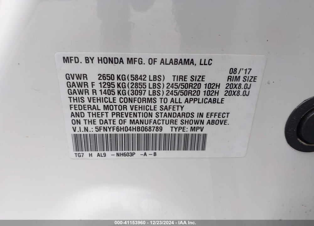 2017 HONDA PILOT VIN: 5FNYF6H04HB068789