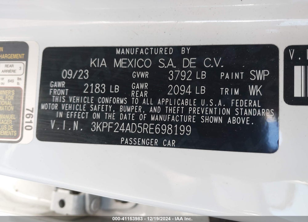 2024 KIA FORTE LXS VIN: 3KPF24AD5RE698199